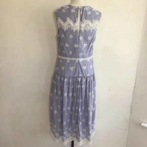 Monique Lhuillier Women EleganyBlue & White Embroidered Sleeveless Dress Size 12 - Picture 3 of 12